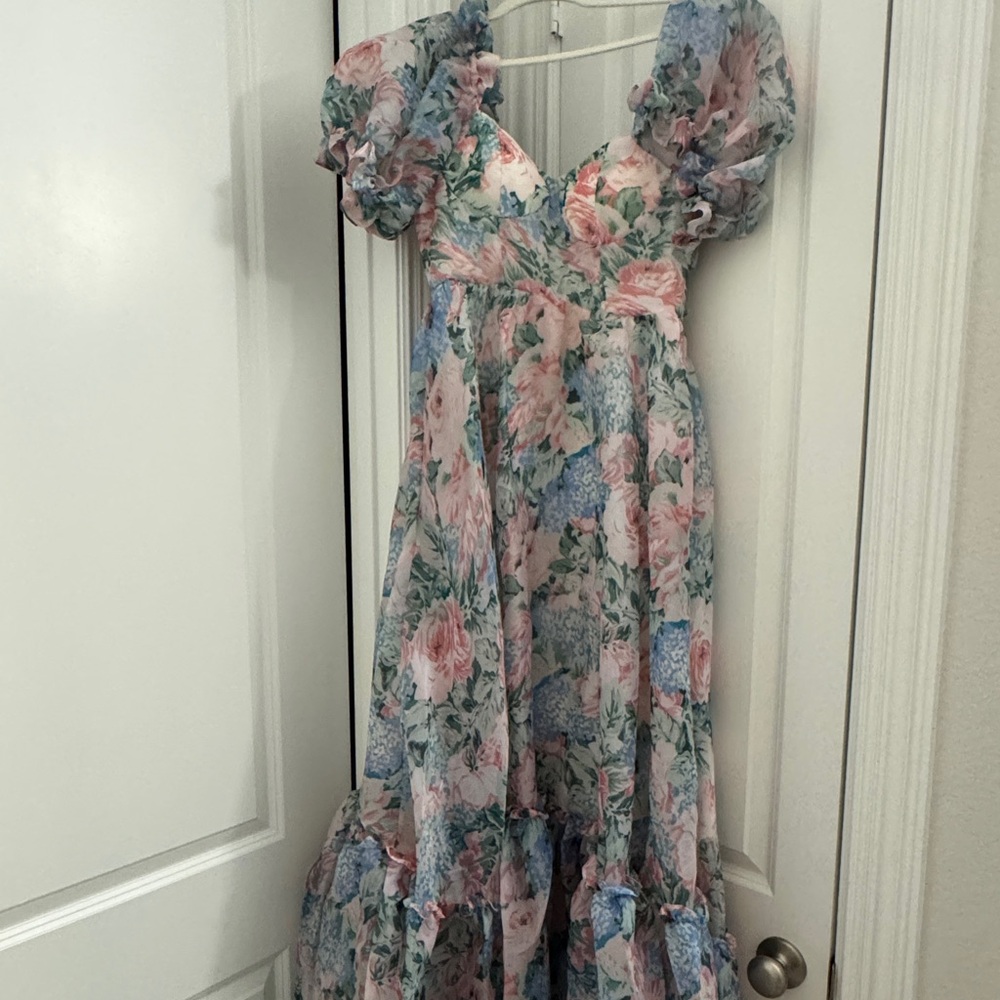 Pink and Blue puff sleeve floral floor length dress